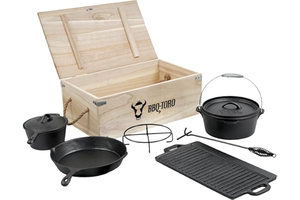 BBQ-Toro Set de Dutch Oven et boîte en bois | En fonte, déjà brûlée (7 pièces)