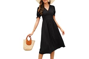 Clearlove Elegancka damska sukienka plażowa, tunika, sukienka na czas wolny, retro, na co dzień, maxi, długa sukienka midi, dekolt w serek, krótki rękaw