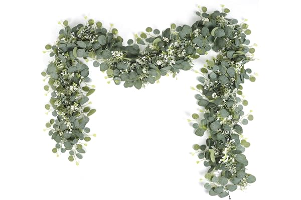 SOMYTING 2 stycken konstgjorda kransar eukalyptus med pilblad gröna blad vit blomma girlang konstgjord växt hängande växt för bakgrund bröllop dekoration bordslöpare mittstycke