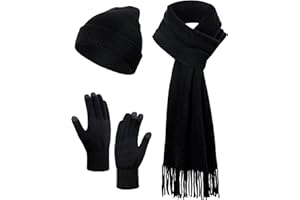 Kiiwah 3 In 1 Invernale Cappello, Sciarpa, Guanti Touch Screen Set per Uomo e Donna, Classico Semplice Nero, Termici Berretto, Elasticità Guanti, Morbido Cachemire Sciarpa con Frange Set per Outdoor
