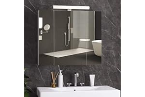 ‎DICTAC DICTAC spiegelschrank Bad mit LED Beleuchtung,Steckdose und lichtschalter 70x15x60cm(BxTxH) Badezimmer spiegelschrank mit 3 Türen,badschrank mit Spiegel,Hängeschrank,badspiegel,Weiß