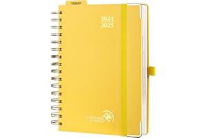 POPRUN Agenda 2024 2025 Dia Por Pagina 21,5 x 14,5 cm, Espiral Agenda Diaria 12 Meses de Ago.2024 a Jul.2025, Tapa Dura, Regla de Plásticol, 80 GSM Papel, Amarillo Claro