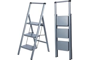 UZIRO Escabeau 3 Marches, Escabeau Pliable et Compact, Echelle Décorative avec Marche Pied Antiscivolo, Idéal pour Maison, Peinture et Décoratif, Durable, Facile à Ranger, Couleur Gris