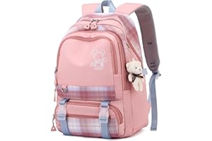 JANSBEN School Bag for Girls Boys Backpack Water Resistant Primary Junior Casual Daypack Teenage Rucksack with Laptop Compartment & Anti Theft Large Multi-Pocket Pink Nylon(21L)
