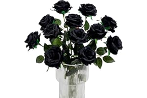 Kisflower 12Pcs Halloween Decorations Black Roses Artificial Flowers Realistic Single Stem Flowers Silk Rose Bouquet for Wedding Party Office Home Decor (Black)