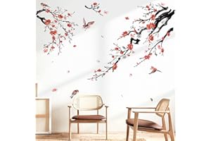 wondever Stickers Muraux Branche de Fleur Autocollants Muraux Mural Stickers Fleurs Rouge Oiseaux sur Branche pour Chambre Salon Mur TV