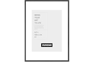 JUNOMI® Cadre photo DIN A2 bois noir | Cadre photo 42 x 59,4 cm (16.5x23.4) noir avec verre plexi incassable | Cadre photo bois