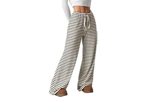 Akiooue Womens Wide Leg Trousers UK Women's Palazzo Casual Loose Striped Trousers Elasticted Waist Stretch Pants with Drawstring 2025