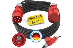 netbote24 Starkstromkabel 16A 25m mit Phasenwender H07RN-F 5x2,5 Starkstrom Verlängerungskabel CEE Verlängerung 16 Ampere Kabel 5x2,5mm2 Baustelle Werkstatt Industrie Geeignet Outdoor IP44