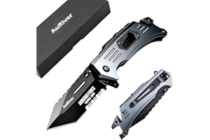 AuRiver Couteau Pliant, 6-in-1 Couteau de Poche Pliant avec Ouvre-Bouteille, Brise-Vitre et Coupe-Ceinture, Tige de Aiguiseur & Sifflet, Couteau de Chasse Pliable avec Lame Revêtue de Titane