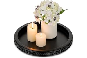 Hanobe Wood Decorative Tray Round: Black Beaded Coffee Table Tray Circle Modern Wooden Trays Home Decor Kitchen Counter Centerpiece Organizer