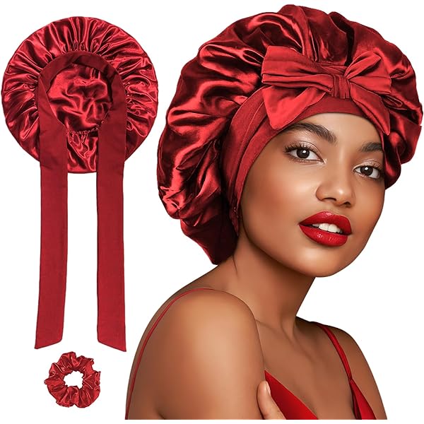 2 Cuffie Seta Per Capelli Notte - Bonnet Regolabile, Rosso Vino E Nero, Per Donna E Bambina