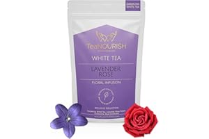TeaNOURISH Lavender Rose White Tea | Darjeeling Silver Needles White Loose Leaf Tea Blended with Lavender, Rose Petals, Chamomile & Blue Cornflower - 1.76oz/50g