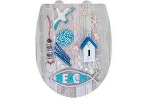WENKO Abattant WC Beach avec Frein de Chute | Lunette Toilettes clipsable avec Fixation Acier INOX | Installation faciel et Rapide | Thermoplast Haute qualité | 36,5x45 cm | Gris et Bleu