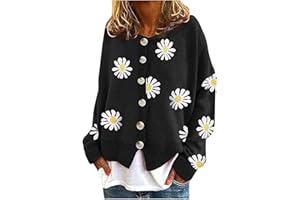 Darringls Pull en tricot à manches longues pour femme - Motif marguerites - Style décontracté - Couleur unie - Bouton ouvert - Cardigan tricoté - Manteau décontracté