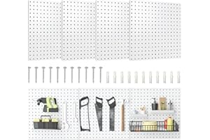 HOGURITY Peg Boards, Metal Pegboard Panels 16”×16” Pegboard Wall Organizer 4 Pcs Lager Metal Peg Board for Walls Home, Garage Tool Storage, Office Organization, Craft Room, Kitchen（White）