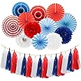 Meiduo Navy Blue Red White Party Decorations Hanging Paper Fans Pom Poms Flowers Tissue Tassel Garland for 4th of July Day Patriotic Decoration Graduation Birthday Supplies