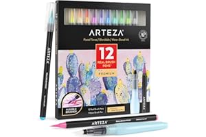 ARTEZA, Set di 12 pennarelli brush pen dalle tonalità pastello, acquerellabili, sfumabili, con 1 pennarello water brush incluso, per scuola, casa e ufficio