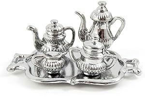 MELODY JANE Salle À Manger Maison De Poupées Miniature Accessoire Argent Thé Service De Café& Plateau