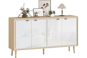 HOMCOM Credenza Cucina con 4 Ante, Mobile Cucina Moderno con Ripiano Regolabile e Piedi in Legno, Credenza Buffet per Soggiorno, Sala da Pranzo e Salotto, 141x35x77 cm, Bianco Lucido e Rovere
