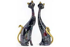 masteymoh Medieval Cat Decor Set of 2, Resin Cat Statue, Peony Flower Cat Figurines Ornaments 9.6-Inch, Resin Art Sculptures, Cat Couple Statue for Bookshelf & Desktop (Ink and Wash Black)