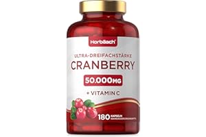 ‎HORBÄACH Cranberry Kapseln Hochdosiert 50000mg mit 200mg Vitamin C | 180 Vegane Konzentrat Tabletten | Preiselbeerextrakt Komplex mit Vitamin C | by Horbaach