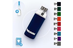 Velesas® Trinkflasche 1l | 500ml mit Schutzhülle | Glasflasche 500ml spülmaschinenfest mit Neoprenhülle und Edelstahldeckel | Wasserflasche für Schule, Arbeit, Fitnesssport, BPA-Frei Blau