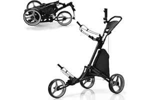 COSTWAY Carro de Golf de Empuje con 3 Ruedas, Carrito de Golf Plegable con Bolsa Recubierta en Aluminio, Tira elástica, Paraguas Regulable y Portavaso, Marcador y Freno de Pedal
