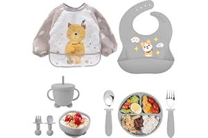 OSKUGLIN Vajilla de Bebé Silicona, 10 piezas Juegos de vajilla infantil, Cubiertos con plato ventosa, Tenedor con mango de madera, Babero Set,Vajilla silicona bebe regalo plato antivuelco bebe