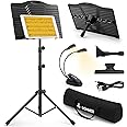 Donner Sheet Music Stand Foldable Travel Metal Stand Adjustable DMS-1 with Carrying Bag, Rotating Chargeable Music Light and Clip Holder, Portable Projector Stand, Laptop Stand, Music Folder
