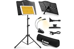Donner Sheet Music Stand Foldable Travel Metal Stand Adjustable DMS-1 with Carrying Bag, Rotating Chargeable Music Light and Clip Holder, Portable Projector Stand, Laptop Stand, Music Folder
