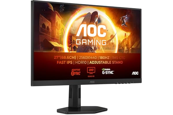 AOC Gaming Q27G4XF - Monitor QHD de 27 Pulgadas, 180 Hz, Plano, 0,5 ms, FreeSync Prem., Comp. G-Sync, HDR10, Ajustable (IPS, 2560x1440, DisplayPort, HDMI) Negro/Gris