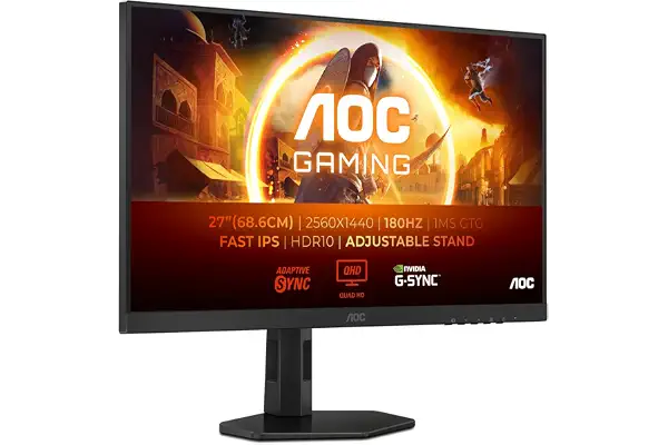 AOC Gaming Q27G4XF - Monitor QHD de 27 Pulgadas, 180 Hz, Plano, 0,5 ms, FreeSync Prem., Comp. G-Sync, HDR10, Ajustable (IPS, 2560x1440, DisplayPort, HDMI) Negro/Gris