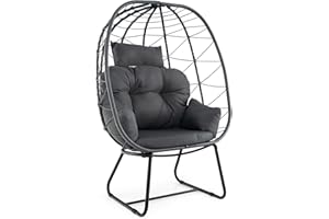 COSTWAY Standing Rattan Garden Egg Chair, Oversized Patio Lounge Chair with Thick Cushions and Headrest, Steel Frame Indoor Outdoor Wicker Egg Basket Chair Teardrop Sofa Seat for Balcony Porch (Grey)