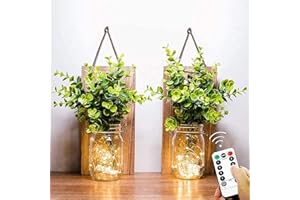 DYBOHF Tarro de masón lámpara de pared, Aplique de madera rústico, LED Lámpara de Decoración, diseño de luces,Planta verde falsa, tira LED para decoración del hogar (2 Paquete) (Mando a distancia)