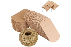Naiocase 100pz. Cuscino di Bomboniere Scatole in Carta Kraft con Corda di Canapa Ideale per Confetti, Caramelle, cioccolatini, Gioielli e Regali Piccoli, ECC