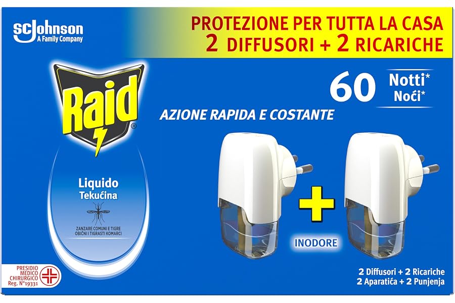Raid Liquido Elettrico, Antizanzare da Interno, Inodore, 2 Basi + 2 Ric.