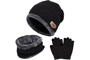 TMEOG Packs Bonnet Écharpe et Gants Garçon Fille Enfant Bonnet Tricoté Doublé en Polaire Tour de Cou Gants d'hiver à Écran Tactile 5-10 Ans