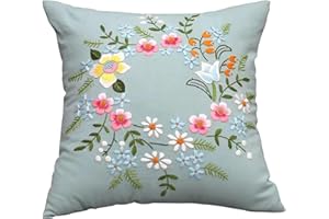WIKSITE Embroidery Kit Pillowcase DIY Kit Cushion Cover Pillow Cover Embroidery Kit, Car Cushion DIY Hand Embroidery Pillow Case Kit Stitch Set with Flower Patterns and Embroidery Hoop Sewing Craft
