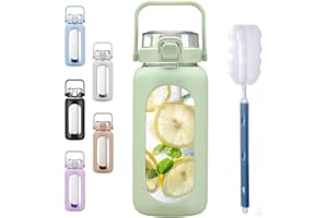 BLUEGO 2L Gourd en verre Avec paille Marqueur de temps Bouteille d'eau Motivation avec manchon en silicone 2 litres Grande carafe d'eau en Verre pour Gym, sports et entraînement, Vert