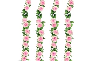 KAIYANER Guirlande de Roses Fleurs Artificielles, Lot de 4 Guirlande de Fleurs Artificielles Deco, Guirlande de Vigne Faux Plante Suspendu pour Mariage Fête Jardin Décoration, Rose 9.8M