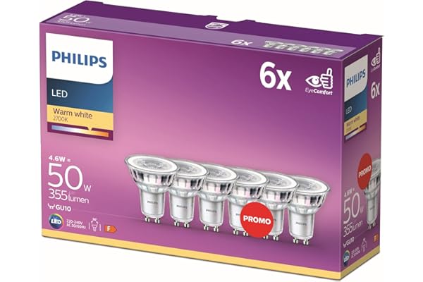 Philips - Bombilla LED cristal 50W, GU10, luz blanca cálida, transparente, no regulable, pack 6 [Clase de eficiencia energética F]