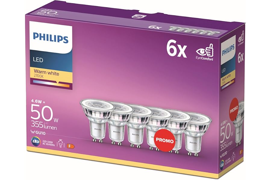Philips LED classic, Ampoule équivalent 50 W, GU10, Lot de 6, Blanc Chaud (2700 Kelvin), 355 Lumens, Réflecteur