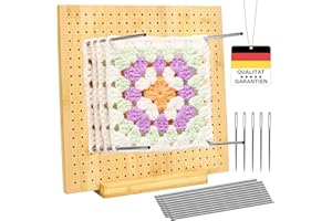 FOVHEE Granny Square Spanner,28 x 28 cm Blocking Board Häkeln,Granny Squares Blocking Board Groß,Full Kit with 20*Stahlstab 5*Stahlnadel,1 Stand für Häkel- und Strickprojekte Sperrbrett für Granny Squares