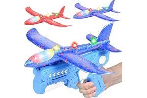 HATFRYF Airplane Launcher Toys, 2 Pack LED Throwing Glider Plane, Catapult Aeroplane Toy with Gun, 2 Flight Modes Outdoor Sport Flying Toys for Kids Age 3 4 5 6 7 8 9 Year Old Birthday Gifts - Blue