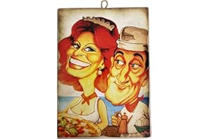 KUSTOM ART Quadro Quadretto Stile Vintage Attori Famosi "Sofia Loren Che Serve La Pizza e Totò" . Stampa Su Legno Per Arredamento Ristorante Pizzeria Trattoria Bar Albergo
