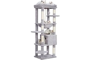 Heybly Albero per Gatti, Tiragraffi per Gatti da Interno 153 cm, Multilivelli con 1 Grotte, 1 Cestini, 7 Graffiatoi, Trespolo, Amaca, Pompon, Grigio Chiaro HCT050W