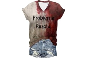 BIKETAFUWY Problème Résolu T Shirt Femme Col V Deguisement Halloween Femme Bloody Horror Tee Shirt Halloween Femmes Blood à Manches Courtes T-Shirts Vampire Déguisement Costume Zombie Probleme Resolu Tshirt Sang