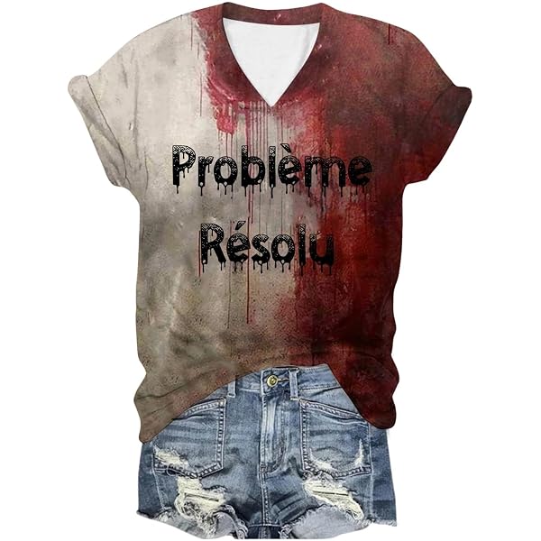 T-shirt Femme Halloween Humoristique - Manches Courtes, Col V - Motif Sanglant 'Problème Résolu'