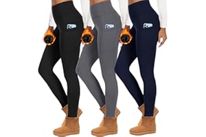 HIPOWER Lot de 3 leggings thermiques pour femme avec poches, leggings doublés, taille haute, en polaire, opaques, noirs, sous-vêtements thermiques, pantalon de course, pantalon de yoga